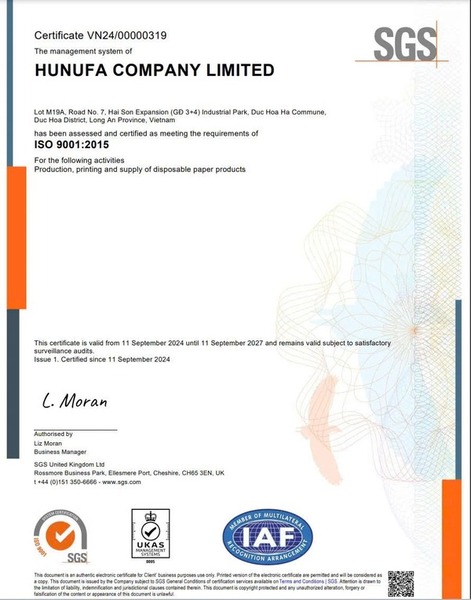 ISO 9001:2015 - Bao Bì Thực Phẩm Dùng 1 Lần Hunufa - Công Ty TNHH Hunufa