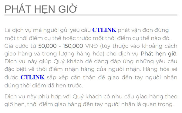 Bảng giá chuyển phát hẹn giờ - Chuyển Phát Nhanh CTLink - Công Ty Cổ Phần CTLink