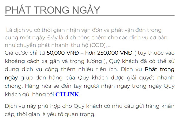 Bảng giá chuyển phát trong ngày - Chuyển Phát Nhanh CTLink - Công Ty Cổ Phần CTLink