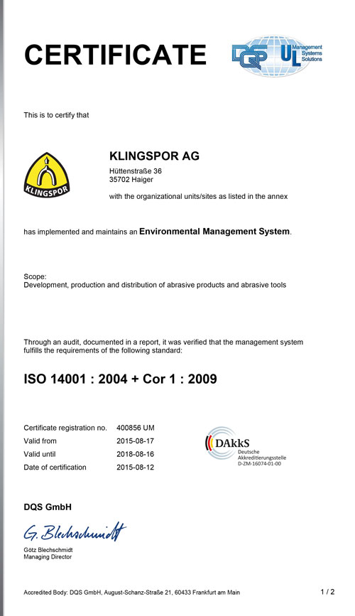 ISO 14001:2004 - Công Ty TNHH Klingspor Việt Nam