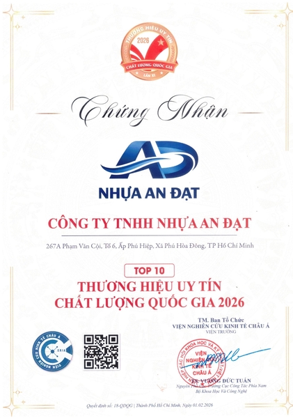 TOP 10 thương hiệu uy tín chất lượng quốc gia 2026 - Công Ty TNHH Nhựa An Đạt