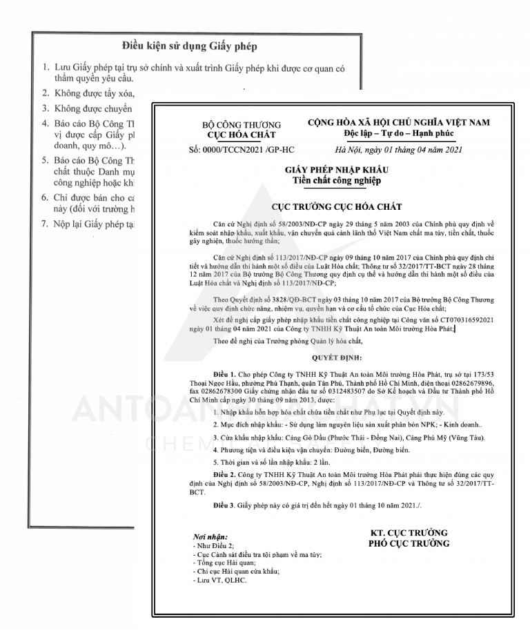 Dịch vụ tư vấn và Hỗ trợ cấp giấy phép nhập khẩu tiền chất công nghiệp - Hóa Chất Hòa Phát - Công Ty TNHH Kỹ Thuật An Toàn Môi Trường Hòa Phát