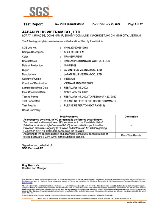 SGS - Bao Bì Định Hình Japan Plus - Công Ty TNHH Japan Plus Việt Nam