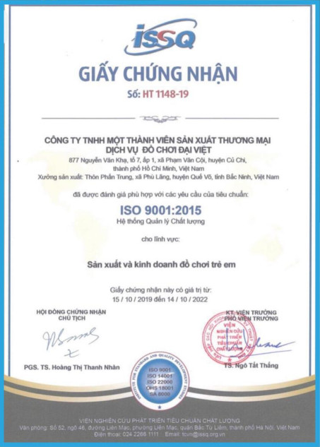 Chứng nhận tiêu chuẩn - Đồ Chơi Đại Việt - Công Ty TNHH Một Thành Viên Sản Xuất Thương Mại Dịch Vụ Đồ Chơi Đại Việt