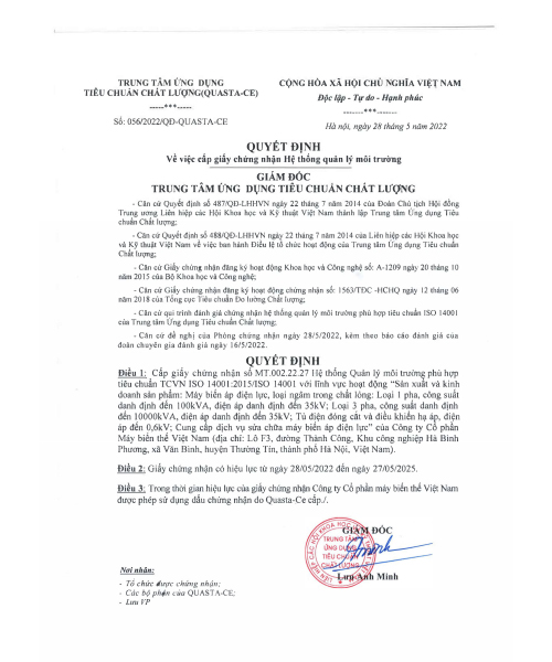 Chứng nhận hệ thông quản lý môi trường - Máy Biến Thế AGE Electric - Công Ty Cổ Phần Máy Biến Thế Việt Nam