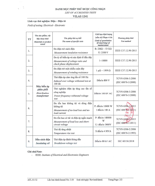 Chứng nhận Phòng thử nghiệm KCS mã Vilas 1241 của AGE - Máy Biến Thế AGE Electric - Công Ty Cổ Phần Máy Biến Thế Việt Nam