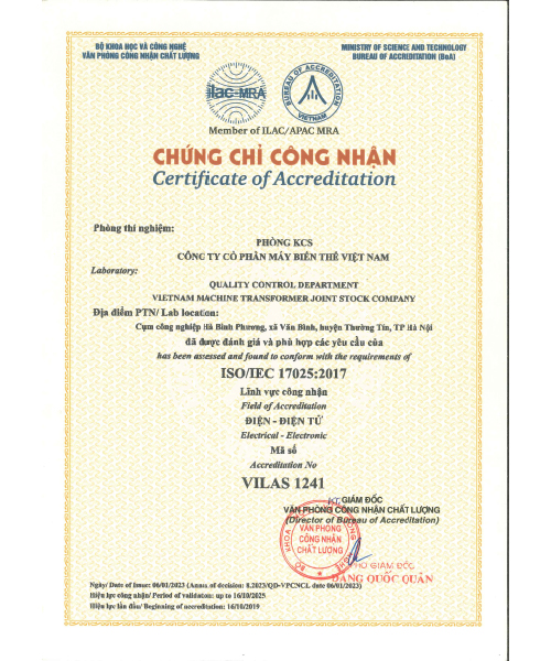 Chứng nhận Phòng thử nghiệm KCS mã Vilas 1241 của AGE - Máy Biến Thế AGE Electric - Công Ty Cổ Phần Máy Biến Thế Việt Nam