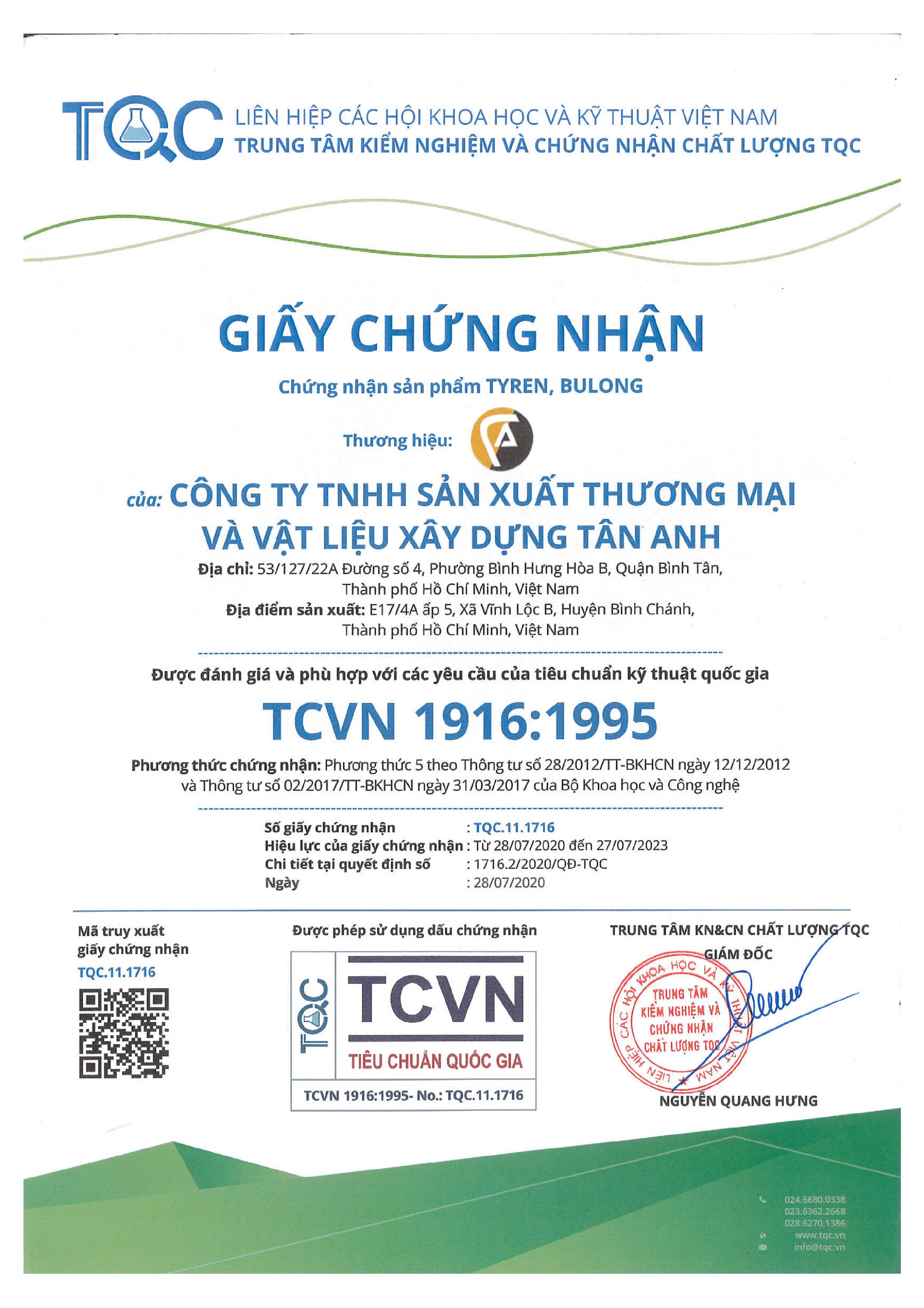 Chứng nhận sản phẩm Tyren, Bulong - Thanh Ren, Ty Ren Tân Anh - Công Ty TNHH Sản Xuất Thương Mại Và Vật Liệu Xây Dựng Tân Anh