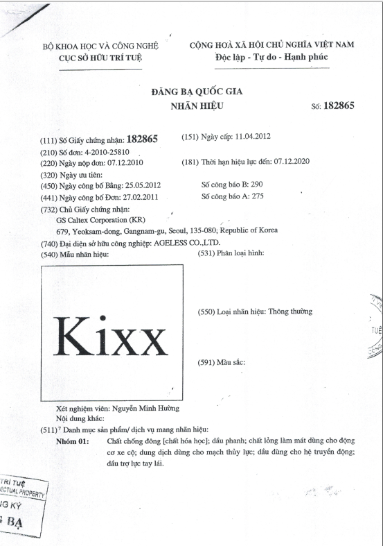 Chứng nhận nhãn hiệu Kixx - Công Ty TNHH Một Thành Viên RPM Việt Nam