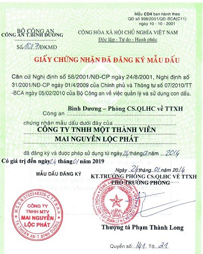 Giấy chứng nhận - Công Ty TNHH MTV Mai Nguyễn Lộc Phát