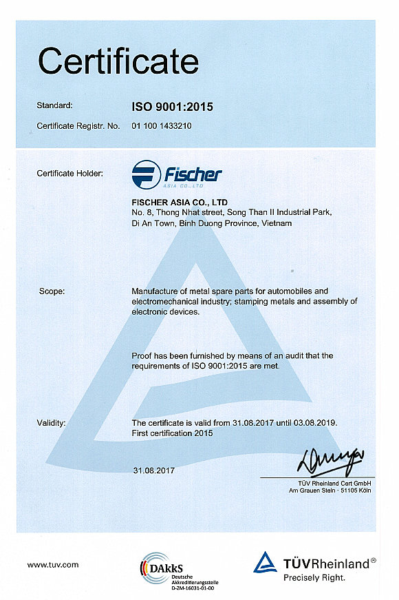 Chứng chỉ, chứng nhận - Cơ Khí Fischer Asia - Công Ty TNHH Fischer Asia