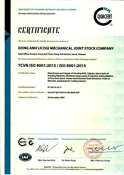 CKDA ISO 9001- 2015 - Nhà Máy Nhôm Đông Anh - Công Ty CP Cơ Khí Đông Anh Licogi