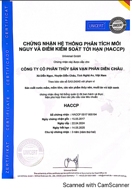 Chứng chỉ HACCP - Công Ty Cổ Phần Thủy Sản Vạn Phần Diễn Châu