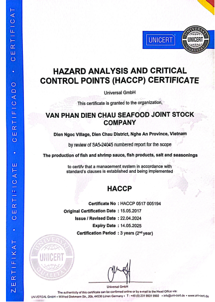 Chứng chỉ HACCP - Công Ty Cổ Phần Thủy Sản Vạn Phần Diễn Châu