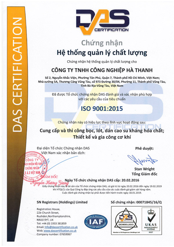 Giấy chứng nhận - Sản Phẩm Cao Su Hà Thanh - Công Ty TNHH Công Nghiệp Hà Thanh