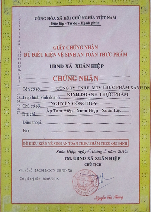 Chứng nhận - Thực Phẩm Xanh Đồng Nai - Công Ty TNHH SX TM DV Thực Phẩm Xanh Đồng Nai