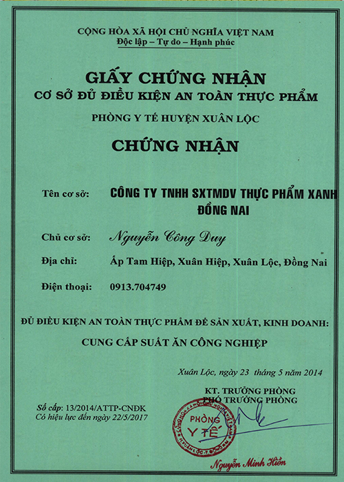 Chứng nhận - Thực Phẩm Xanh Đồng Nai - Công Ty TNHH SX TM DV Thực Phẩm Xanh Đồng Nai