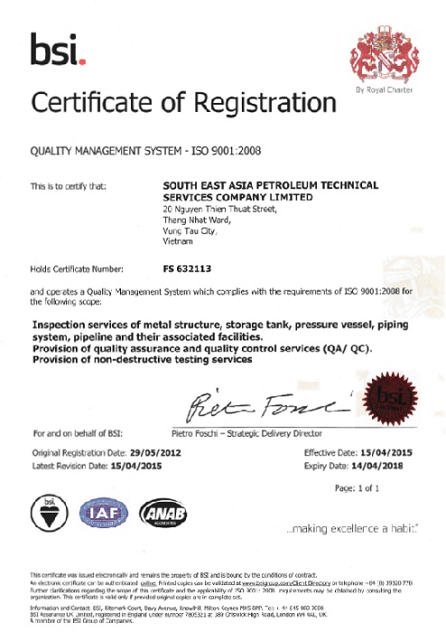Chứng chỉ ISO 9001 2008 - Công Ty TNHH Dịch Vụ Kỹ Thuật Dầu Khí Đông Nam Á