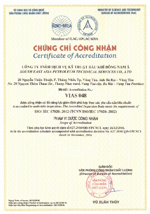 Chứng chỉ ISO IEC 17020 - Công Ty TNHH Dịch Vụ Kỹ Thuật Dầu Khí Đông Nam Á