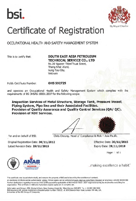 Chứng chỉ OHSAS 18001 2007 - Công Ty TNHH Dịch Vụ Kỹ Thuật Dầu Khí Đông Nam Á