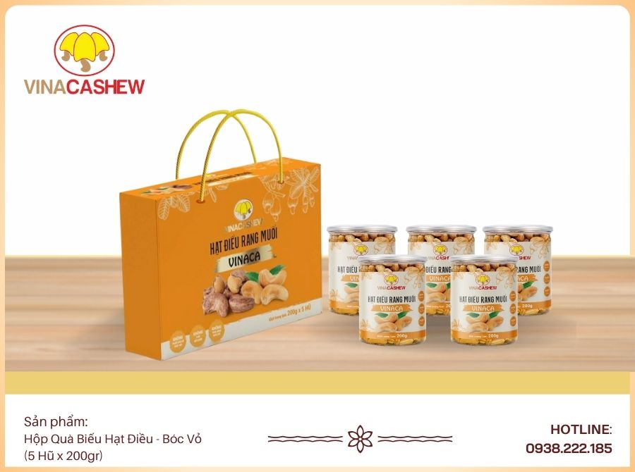 Hộp quà biếu hạt điều - Bóc vỏ (5 hũ x 200gr)