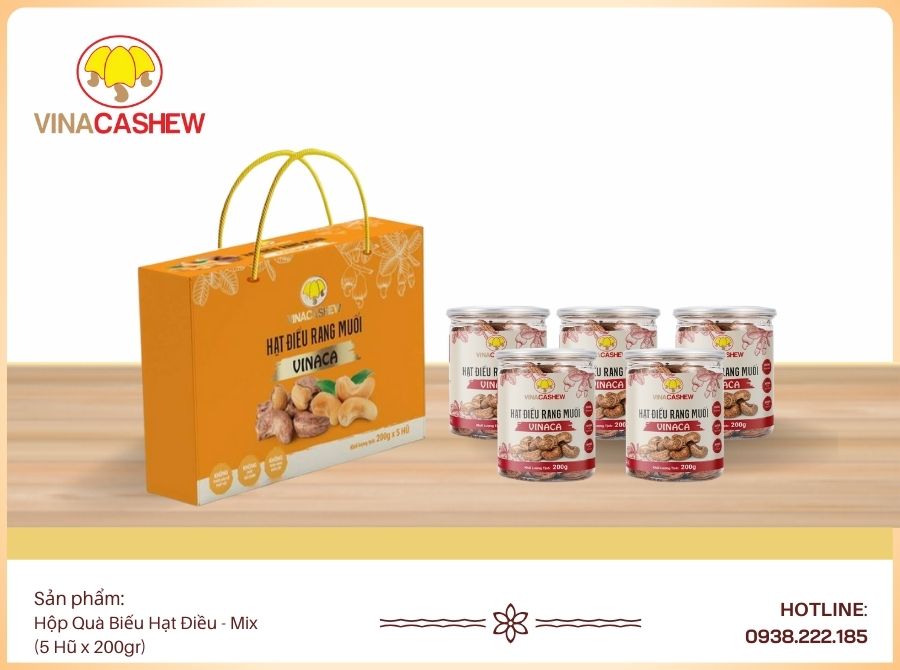 Hộp quà biếu hạt điều - Vỏ lụa (5 hũ x 200gr)