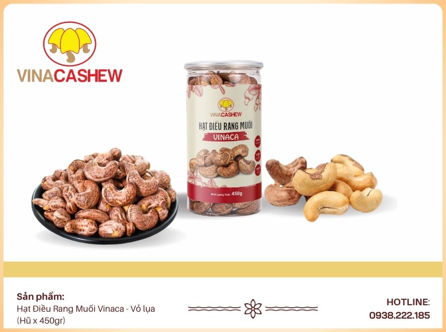 Hạt điều rang muối vỏ lụa hũ 450gr