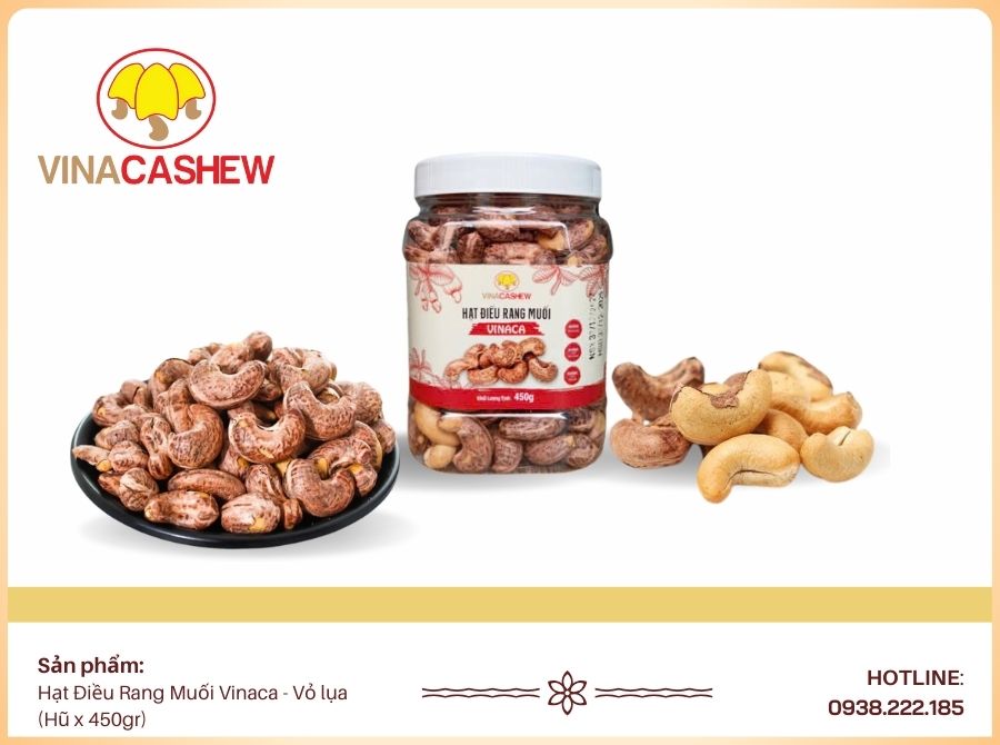 Hạt điều rang muối vỏ lụa hũ 450gr