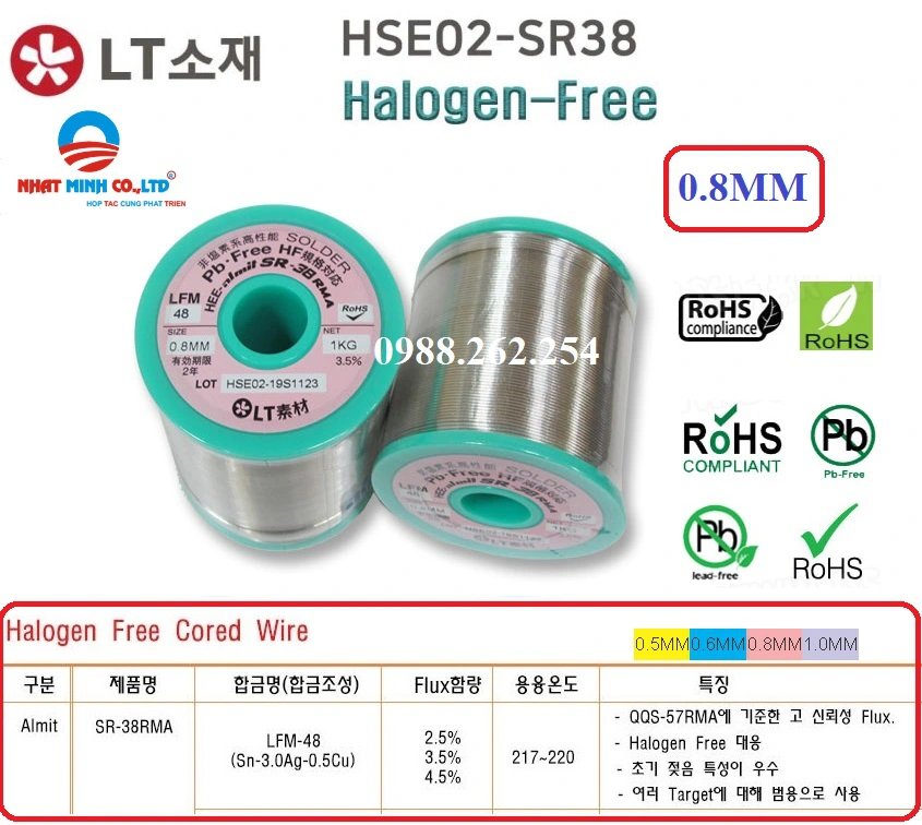 HSE02-LFM48-SR38-0.8MM solder wire - Thiếc Hàn Nhật Minh - Công Ty TNHH Kỹ Thuật Và Công Nghiệp Nhật Minh