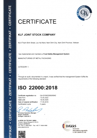 Chứng nhận ISO 22000:2018 - Bao Bì Khoái Lạc Phúc - Công Ty Cổ Phần Khoái Lạc Phúc