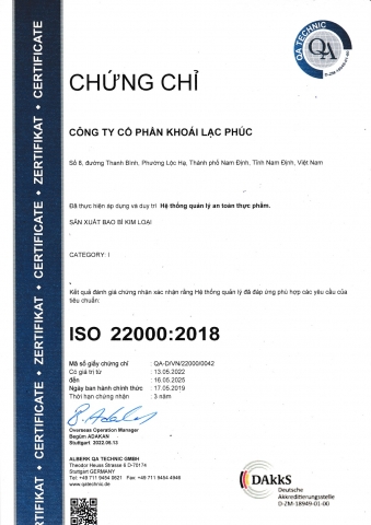 Chứng nhận ISO 22000:2018 - Bao Bì Khoái Lạc Phúc - Công Ty Cổ Phần Khoái Lạc Phúc