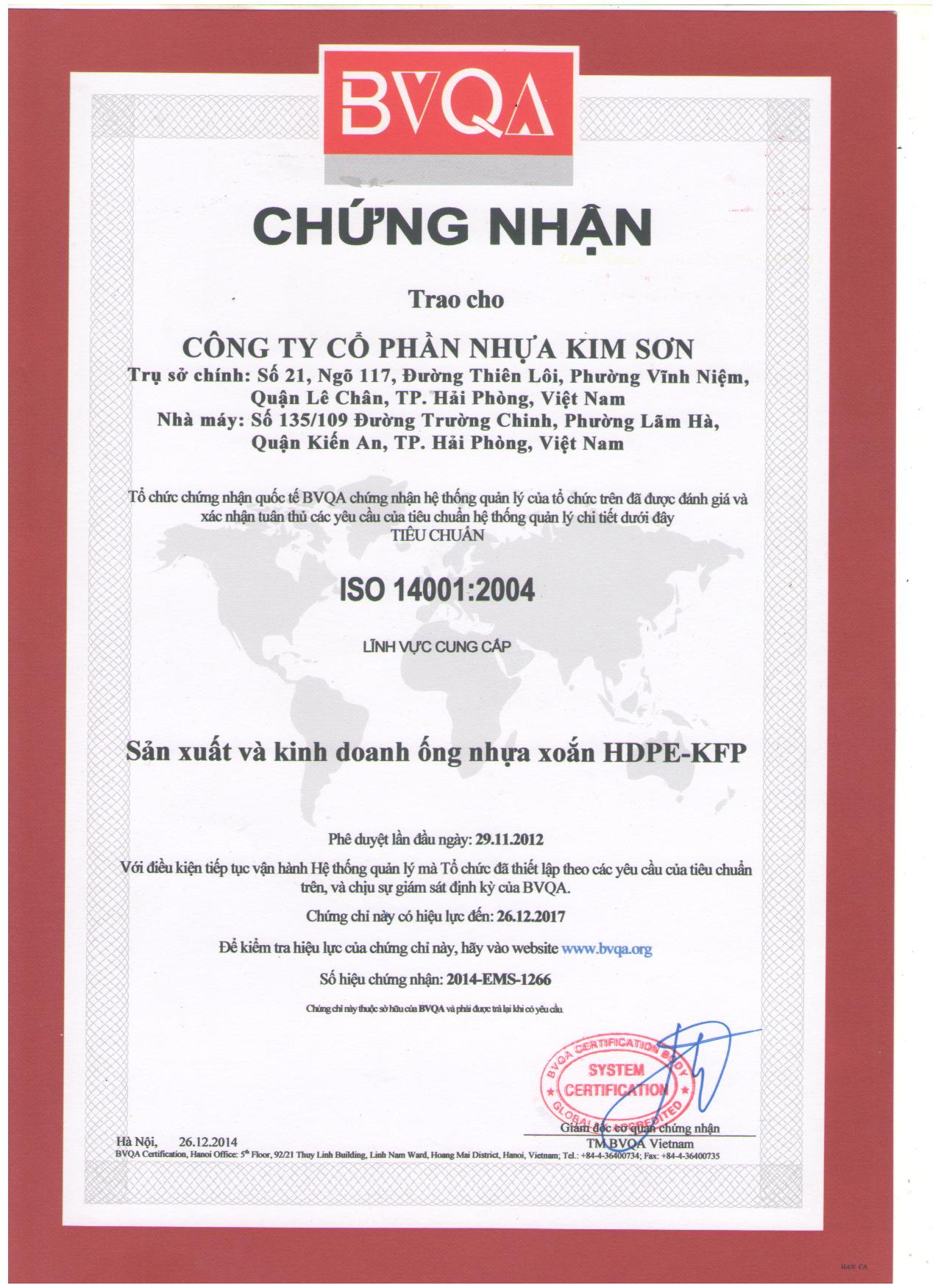 ISO 140001:2004 - ống Nhựa Kim Sơn - Công Ty TNHH  MTV Công Nghiệp Nhựa Kim Sơn