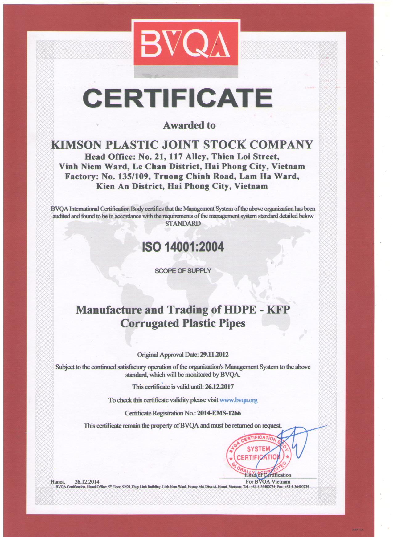 ISO 140001:2004 - ống Nhựa Kim Sơn - Công Ty TNHH  MTV Công Nghiệp Nhựa Kim Sơn