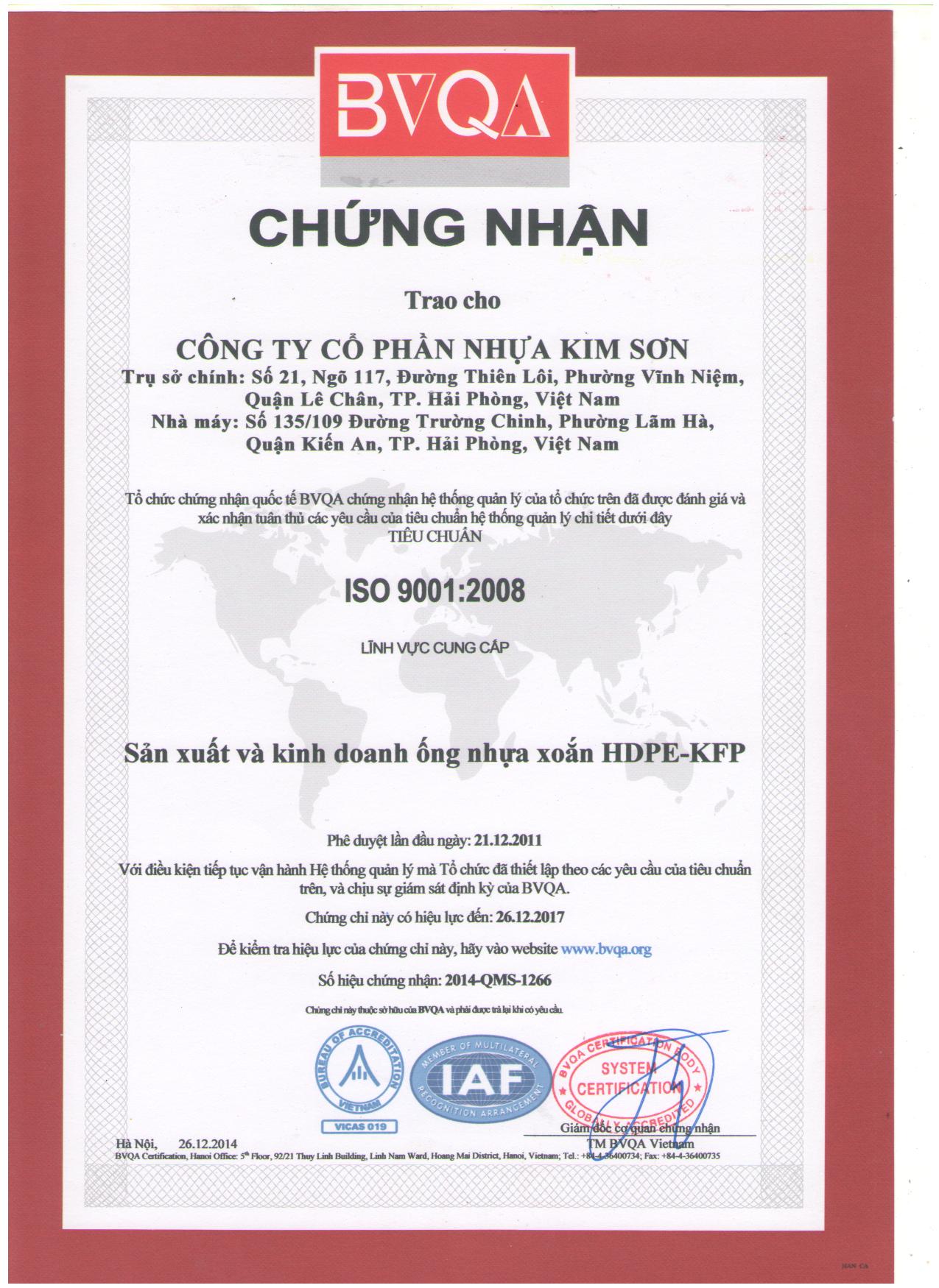 ISO 9001:2008 - ống Nhựa Kim Sơn - Công Ty TNHH  MTV Công Nghiệp Nhựa Kim Sơn