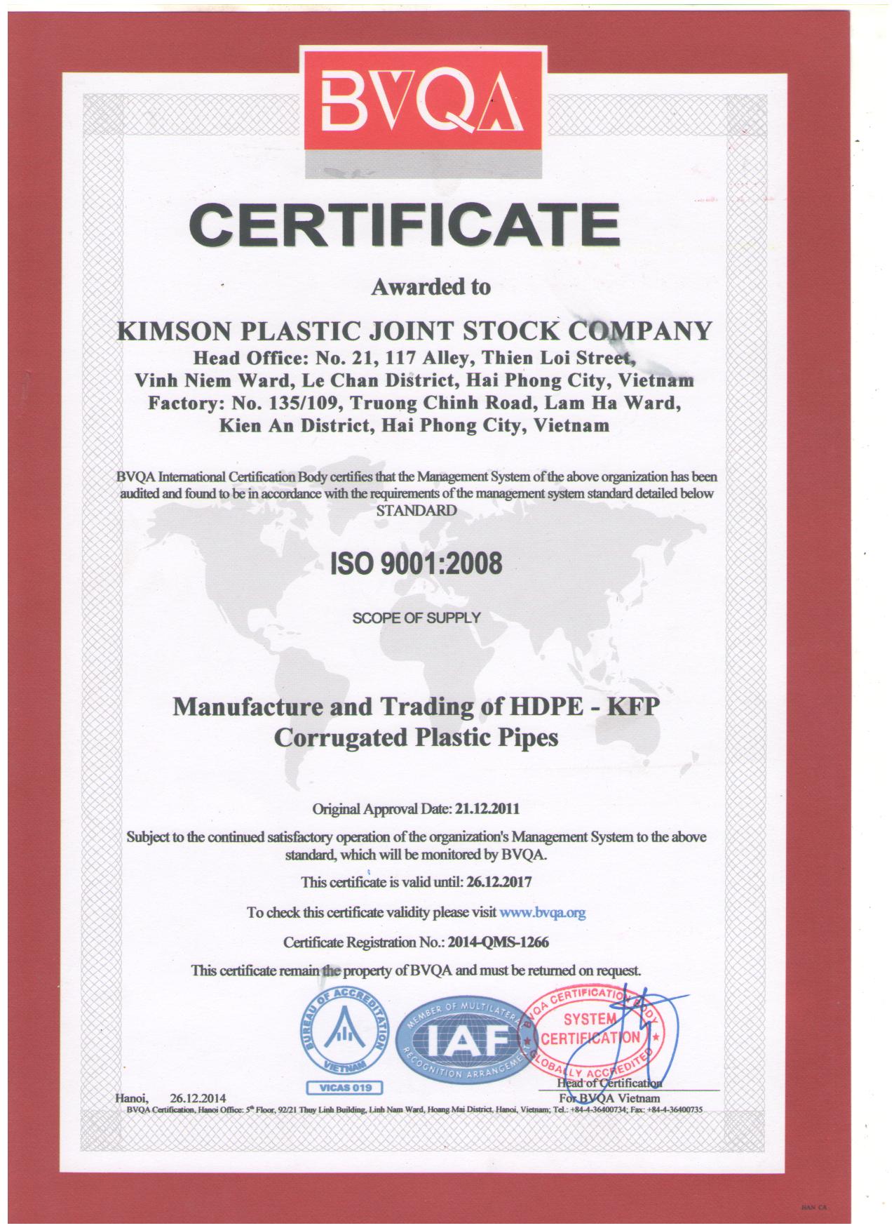 ISO 9001:2008 - ống Nhựa Kim Sơn - Công Ty TNHH  MTV Công Nghiệp Nhựa Kim Sơn
