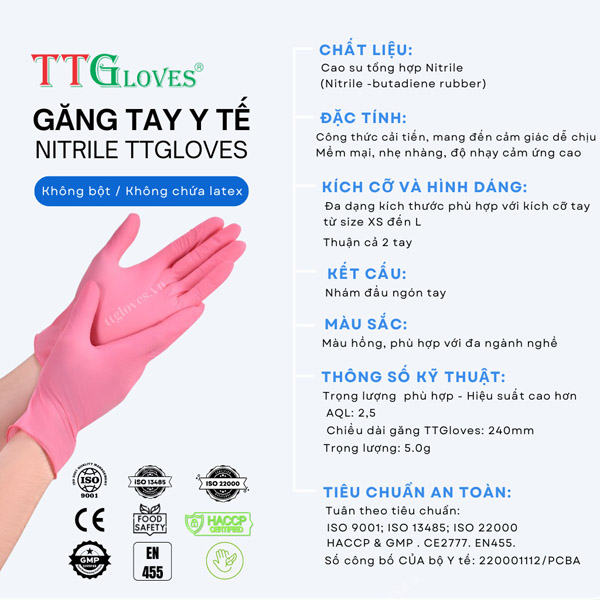 Găng tay y tế nitrile TTGloves hồng 4.0gr