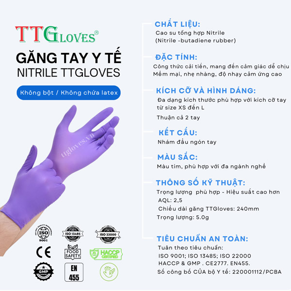 Găng tay y tế nitrile TTGloves tím 4.5gr - TTGloves - Công Ty TNHH Sản Xuất Thương Mại Toàn Tâm Gloves