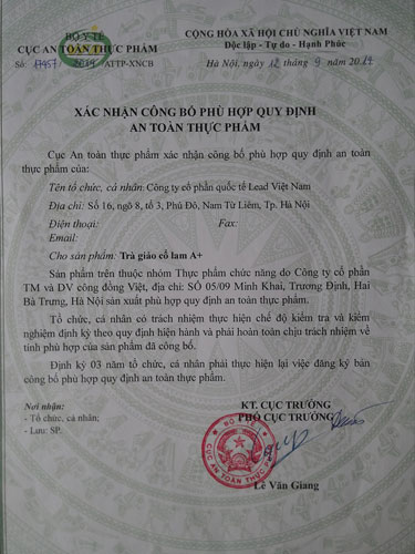 Chứng nhận-chứng chỉ - Thực Phẩm Chức Năng Quốc Tế Lead - Công Ty Cổ Phần Quốc Tế Lead Việt Nam