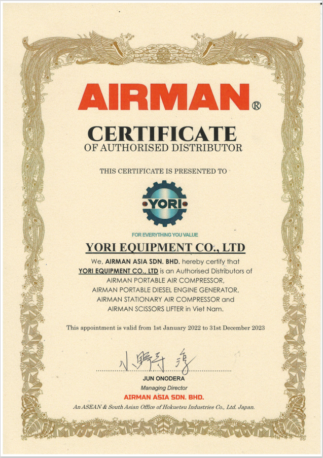Giấy chứng nhận phân phối độc quyền hãng Airman - Máy Nén Khí Yori - Công Ty TNHH Thiết Bị Yori