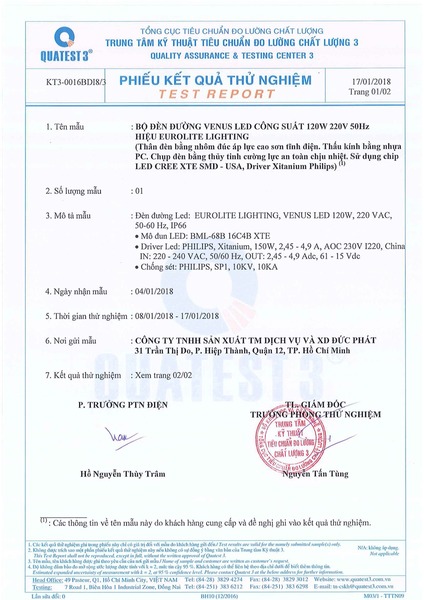 Phiếu kết quả thử nghiệm - Thiết Bị Chiếu Sáng Đức Phát - Công Ty TNHH Sản Xuất Thương Mại Dịch Vụ Và Xây Dựng Đức Phát