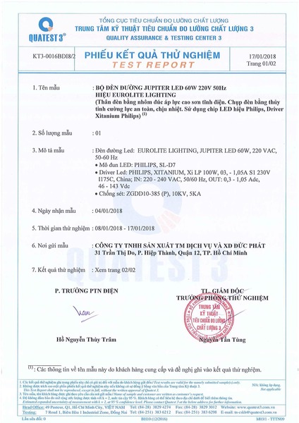 Phiếu kết quả thử nghiệm - Thiết Bị Chiếu Sáng Đức Phát - Công Ty TNHH Sản Xuất Thương Mại Dịch Vụ Và Xây Dựng Đức Phát