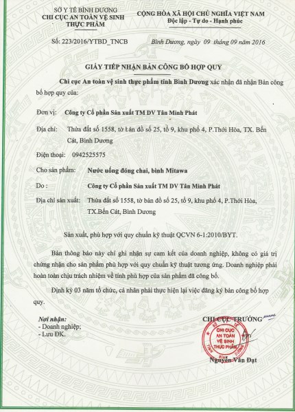 Chứng nhận - Nước Uống Mitawa - Công Ty Cổ Phần Sản Xuất Thương Mại Dịch Vụ Tân Minh Phát
