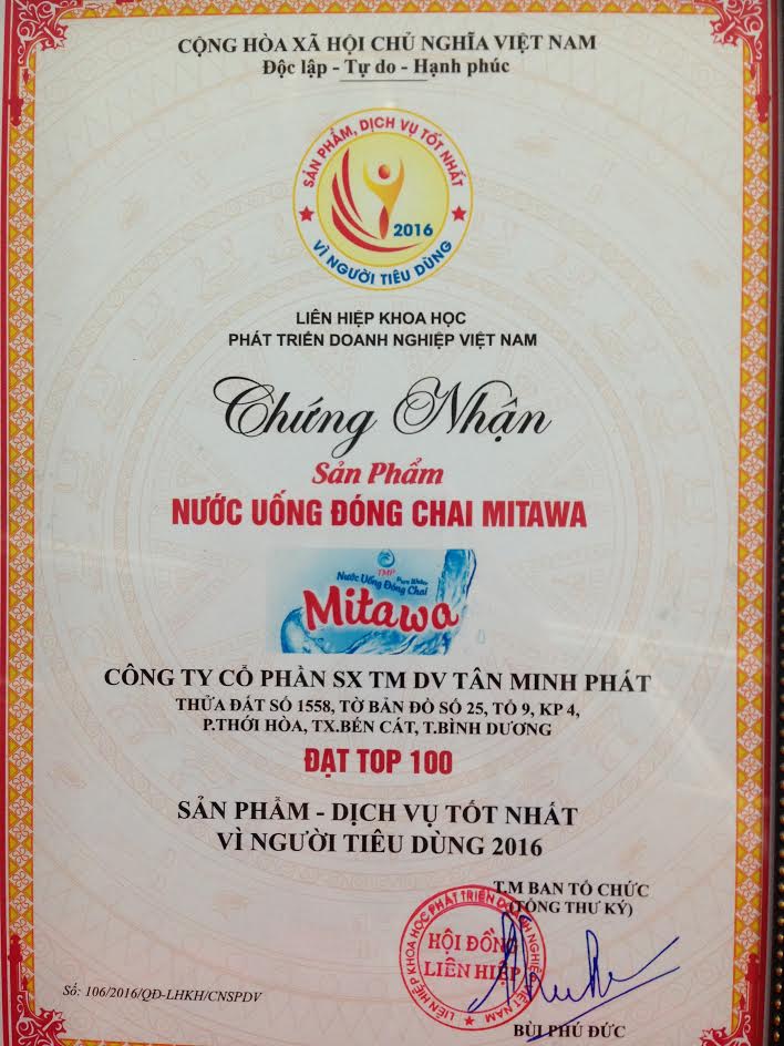 Chứng nhận đạt top 100 - Nước Uống Mitawa - Công Ty Cổ Phần Sản Xuất Thương Mại Dịch Vụ Tân Minh Phát