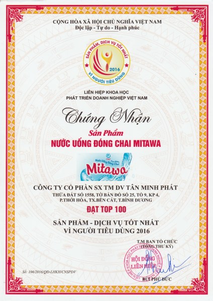 Chứng nhận đạt top 100 - Nước Uống Mitawa - Công Ty Cổ Phần Sản Xuất Thương Mại Dịch Vụ Tân Minh Phát