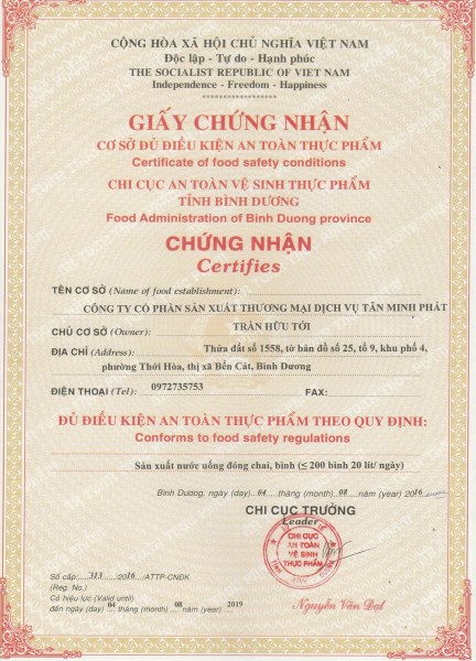 Chứng nhận đủ điều kiện an toàn thực phẩm - Nước Uống Mitawa - Công Ty Cổ Phần Sản Xuất Thương Mại Dịch Vụ Tân Minh Phát