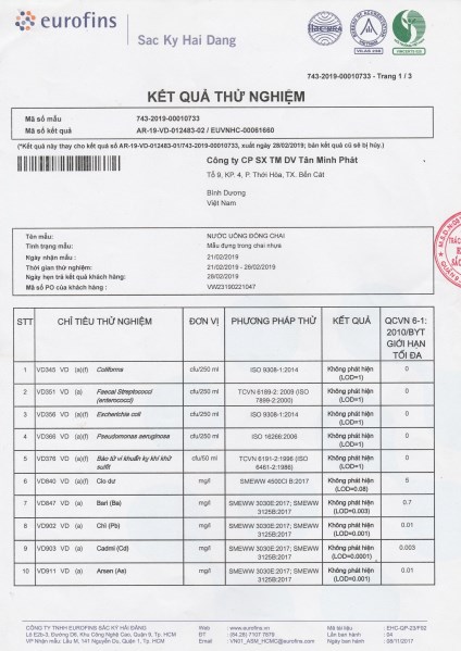 Kết quả thử nghiệm - Nước Uống Mitawa - Công Ty Cổ Phần Sản Xuất Thương Mại Dịch Vụ Tân Minh Phát