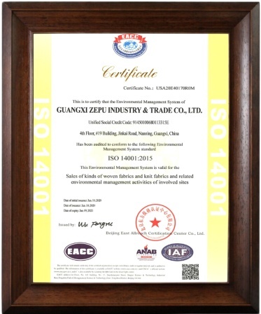 Chứng chỉ ISO 14001:2015 - Vải ZEPU - Công Ty ZEPU Quảng Tây - GUANGXI ZEPU INDUSTRY & TRADE CO, LTD