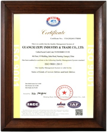 Chứng chỉ ISO 9001:2015 - Vải ZEPU - Công Ty ZEPU Quảng Tây - GUANGXI ZEPU INDUSTRY & TRADE CO, LTD