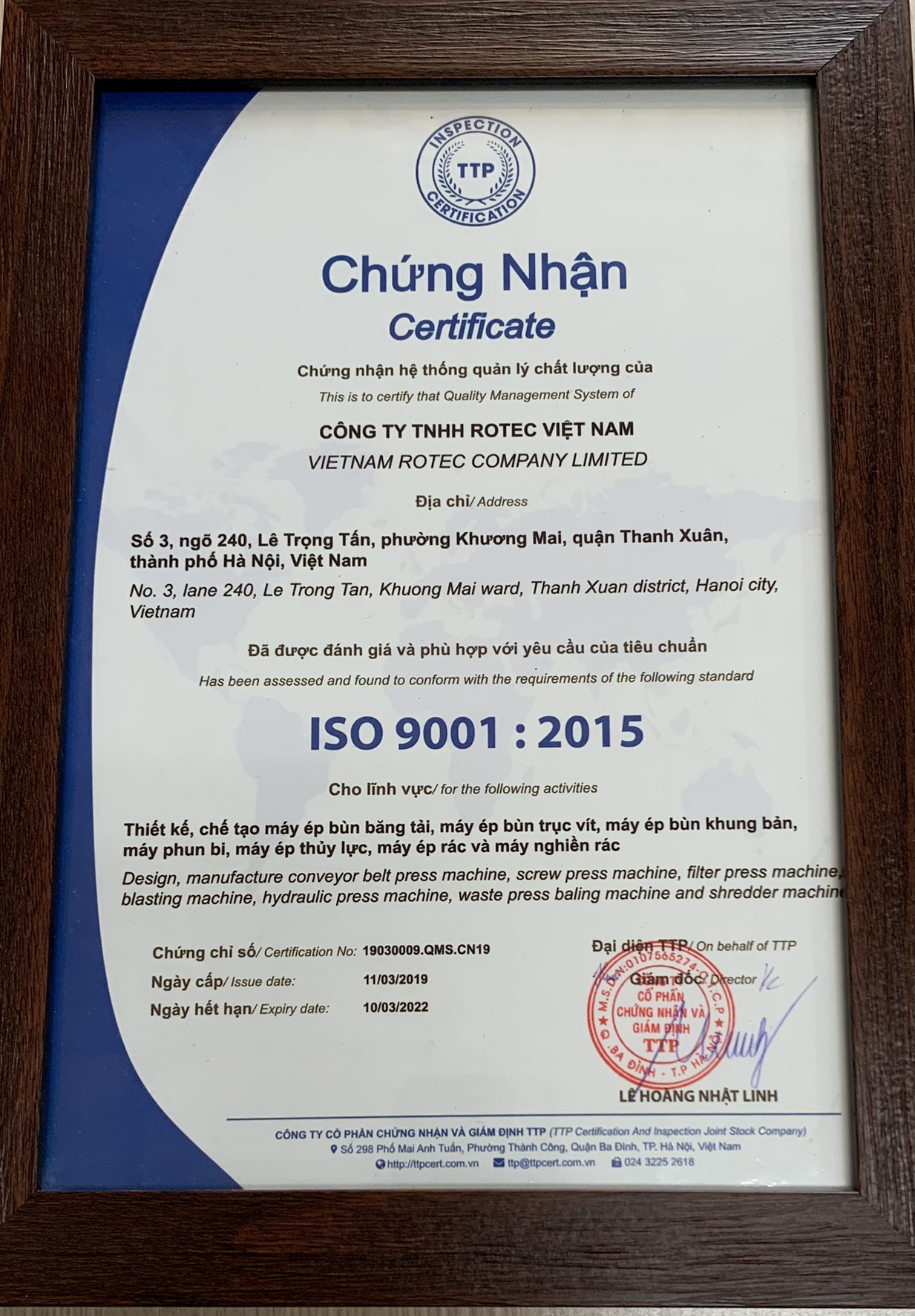 Chứng chỉ ISO - Máy Thủy Lực Rotec - Công Ty TNHH Rotec Việt Nam