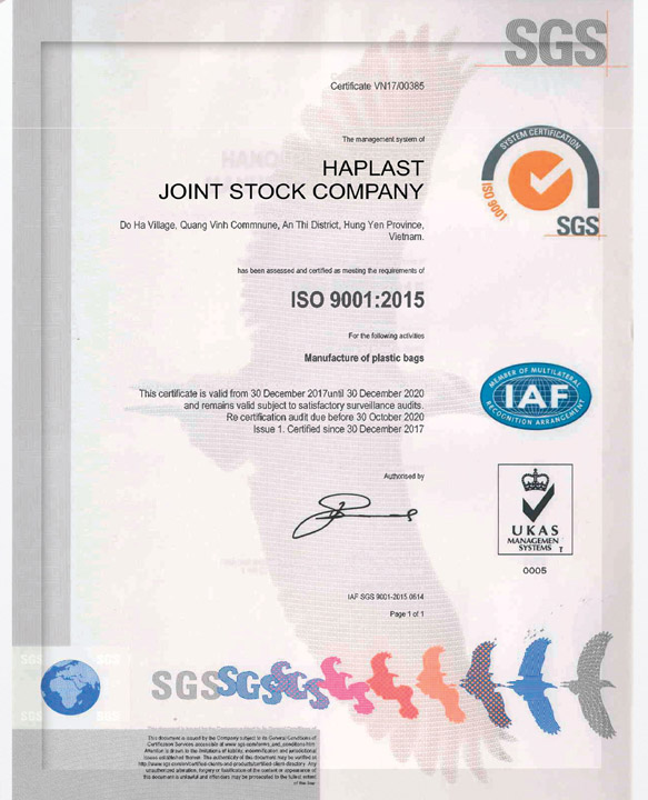 ISO 9001:2015 - Bao Bì Nhựa Haplast - Công Ty Cổ Phần Haplast